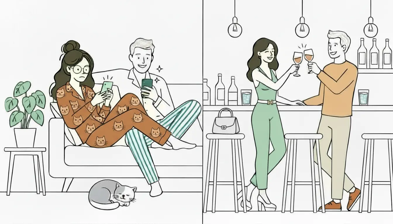 One partner finds tonight's plan in The Weekly Drop while the other scrolls — then they're out together for date night